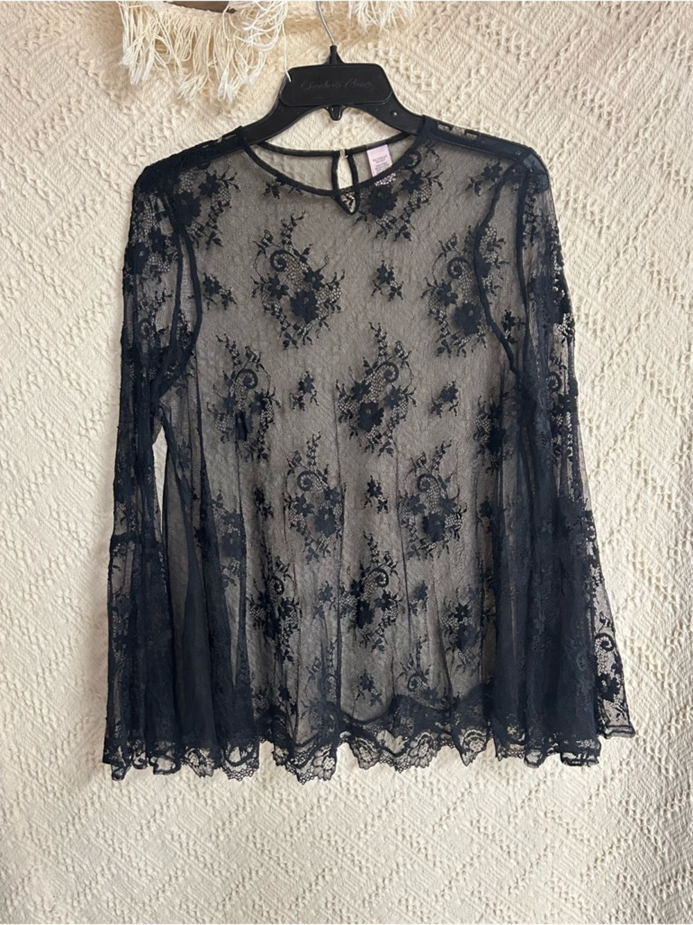 Victoria's Secret Black Sheer Lace Long-Sleeve Top/ coverup